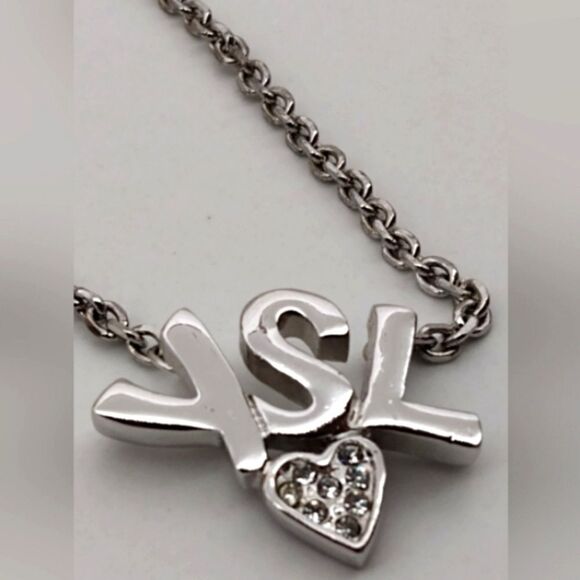 YSL Yves Saint Laurent Rhinestone Heart Silver Necklace Choker Jewelry Authentic - Picture 14 of 15